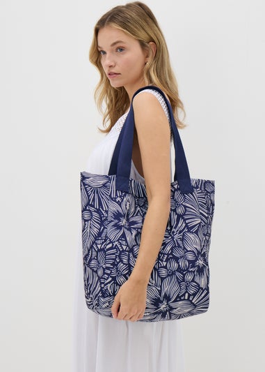 Navy Floral Beach Bag