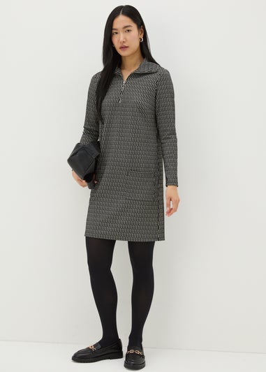 Black Jacquard Half Zip Mini Dress