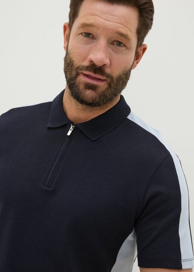 Navy Colour Block 1/4 Zip Polo Shirt