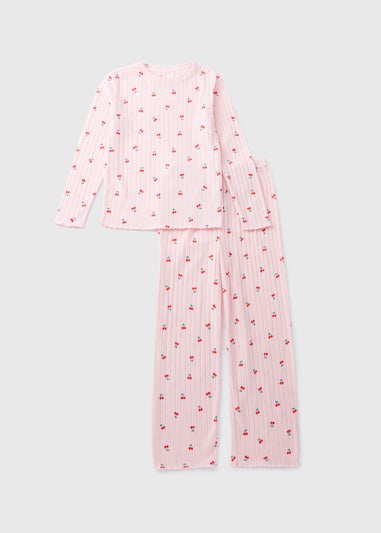 Girls Pink Cherry Ribbed Pyjama Set (7-13yrs)