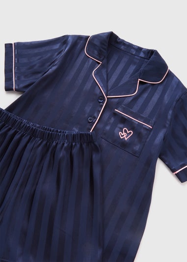 Girls Navy Stripe Satin Pyjama Set (4-12yrs)