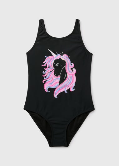 Girls Black Unicorn Swimsuit (6-13yrs)