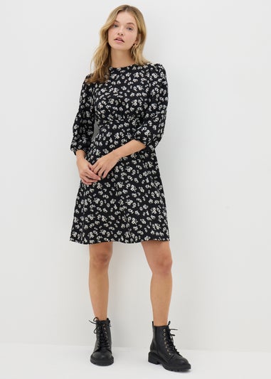 Black Ditsy Floral Mini Tea Dress