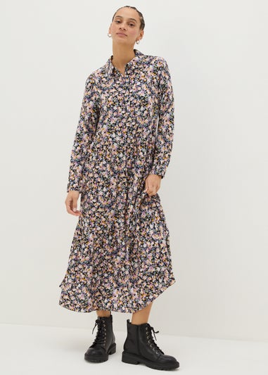 Black Floral Print Shirt Midi Dress