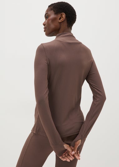 Souluxe Brown Ribbed Half Zip Top