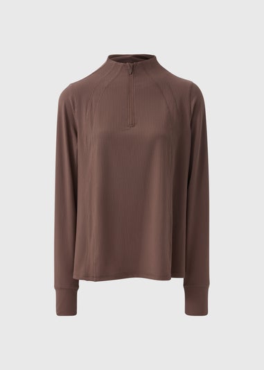 Souluxe Brown Ribbed Half Zip Top