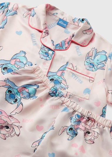 Disney Girls Pink Stitch Valentines Satin Pyjama Set (7-13yrs)