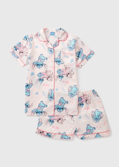 Disney Girls Pink Stitch Valentines Satin Pyjama Set (7-13yrs)