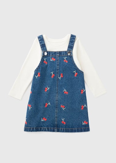 Girls Blue Cherry Denim Pinafore Dress & Top (1-7yrs)