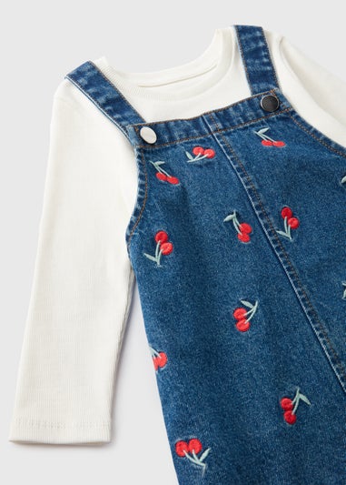 Girls Blue Cherry Denim Pinafore Dress & Top (1-7yrs)