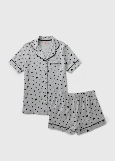 Grey Marl Heart Print Short Pyjama Set