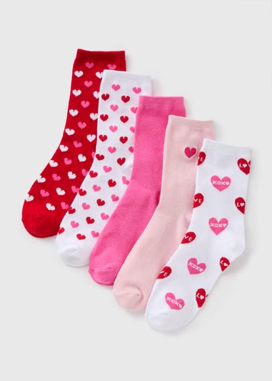 5 Pack Pink Heart Print Socks