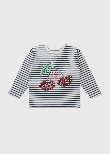 Girls Cream Stripe Cherry Long Sleeve Top (1-7yrs)