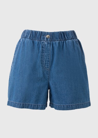 Blue Mid Wash Cotton Paper Bag Shorts