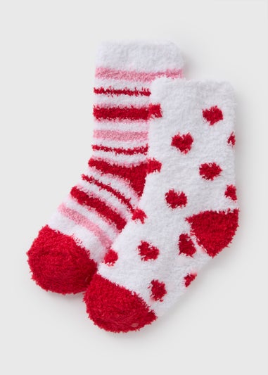 2 Pack Girls Red Heart Valentines Fluffy Socks (Younger 6-5.5)