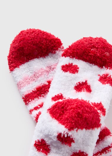 2 Pack Girls Red Heart Valentines Fluffy Socks (Younger 6-5.5)