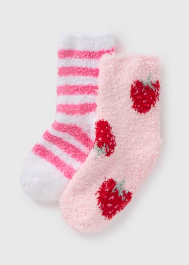 2 Pack Girls Pink Strawberry Fluffy Socks (Younger 6-Older 5.5)