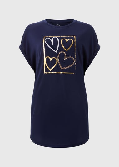 Navy Metallic Heart Longline T-Shirt