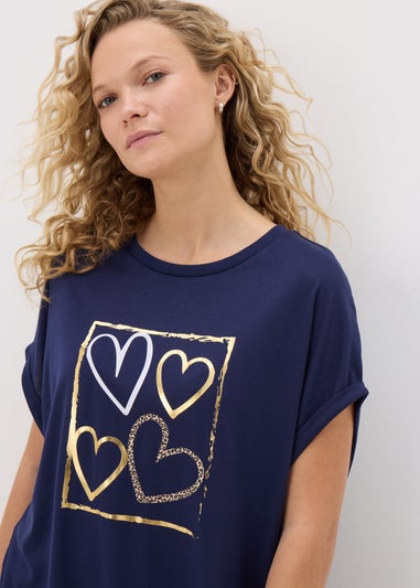 Navy Metallic Heart Longline T-Shirt