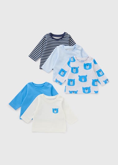 5 Pack Baby Blue Bear Long Sleeve Tops (Newborn-23mths)