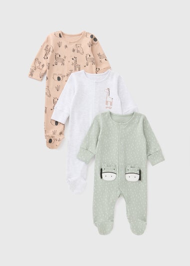 3 Pack Baby Multicolour Giraffe Sleepsuits (Newborn-18mths)