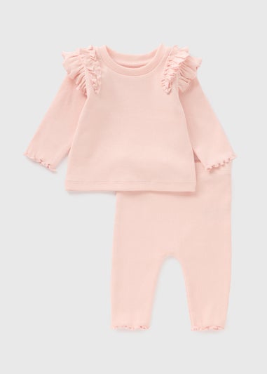 Baby Pink Ribbed Frill Top & Legging Set (Newborn-23mths)