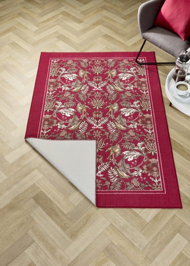 Dreams & Drapes Design Finch & Flower Non-Slip Red Washable Rug