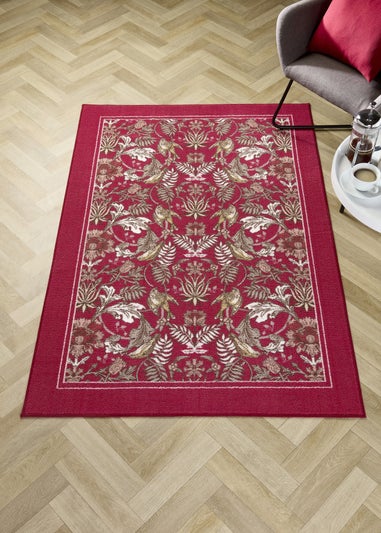 Dreams & Drapes Design Finch & Flower Non-Slip Red Washable Rug