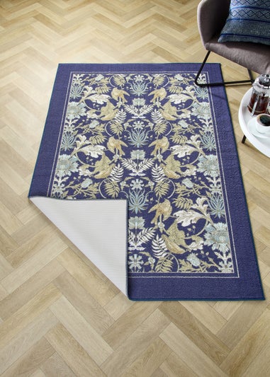 Dreams & Drapes Design Finch & Flower Non-Slip Navy Washable Rug