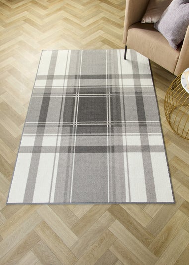 Fusion Balmoral Check Non-Slip Grey Washable Rug