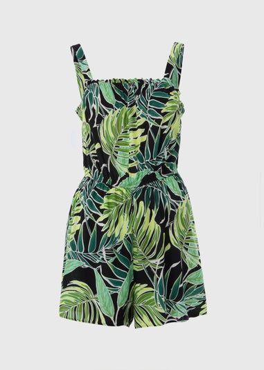 Green Tropical Leaf Print Playsuit