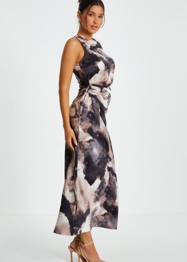 Quiz Black Marble Print Satin Ruched Midaxi Dress