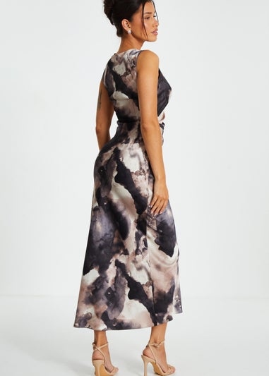 Quiz Black Marble Print Satin Ruched Midaxi Dress