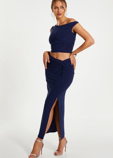 Quiz Blue Ruched Split Maxi Skirt