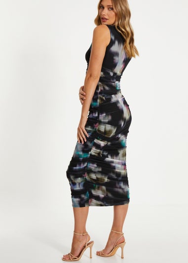 Quiz Black Brushstroke Print Mesh Midaxi Dress