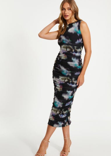 Quiz Black Brushstroke Print Mesh Midaxi Dress