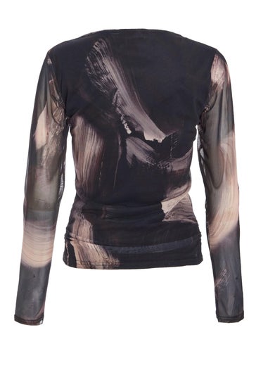 Quiz Black Mesh Marble Print Top