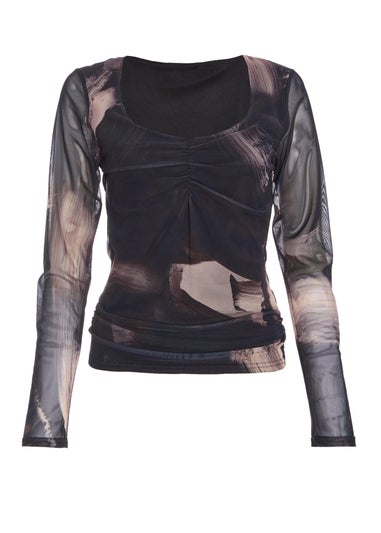 Quiz Black Mesh Marble Print Top