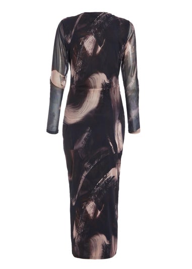 Quiz Black Marble Print Mesh Midaxi Dress