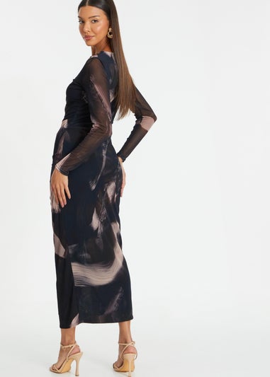 Quiz Black Marble Print Mesh Midaxi Dress