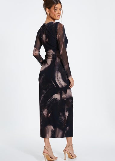 Quiz Black Marble Print Mesh Midaxi Dress