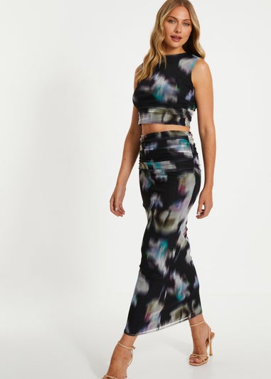 Quiz Black Brushstroke Print Mesh Maxi Skirt