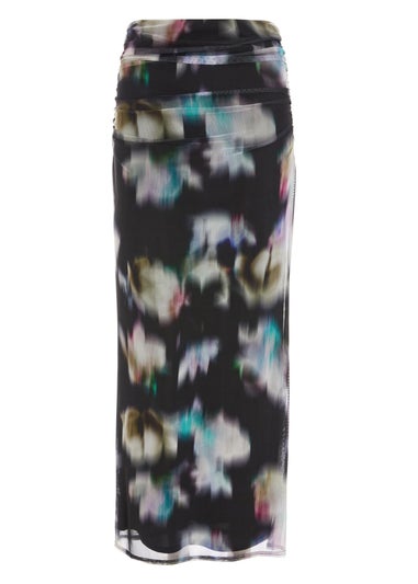 Quiz Black Brushstroke Print Mesh Maxi Skirt