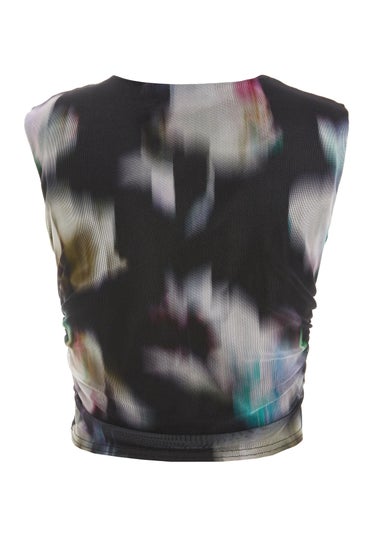 Quiz Black Brushstroke Print Mesh Top