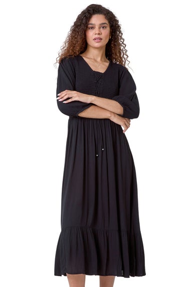 Roman Black Lace Up Shirred Midi Dress