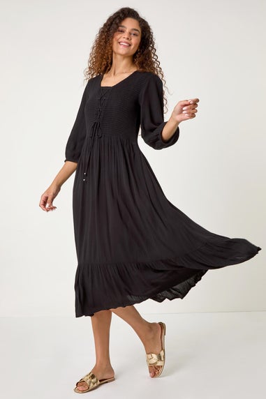 Roman Black Lace Up Shirred Midi Dress