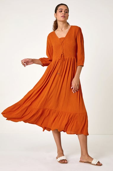 Roman Tan Lace Up Shirred Midi Dress