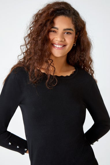 Roman Black Diamante Button Scallop Edge Jumper