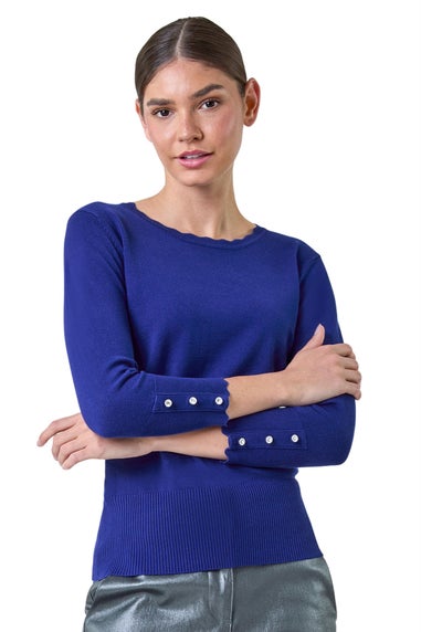 Roman Royal Blue Diamante Button Scallop Edge Jumper