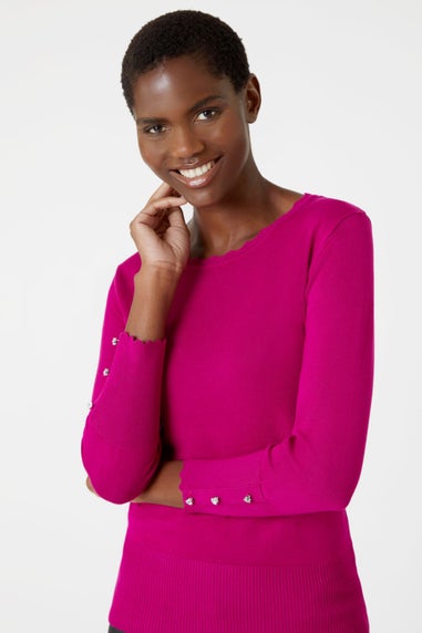 Roman Fuchsia Diamante Button Scallop Edge Jumper